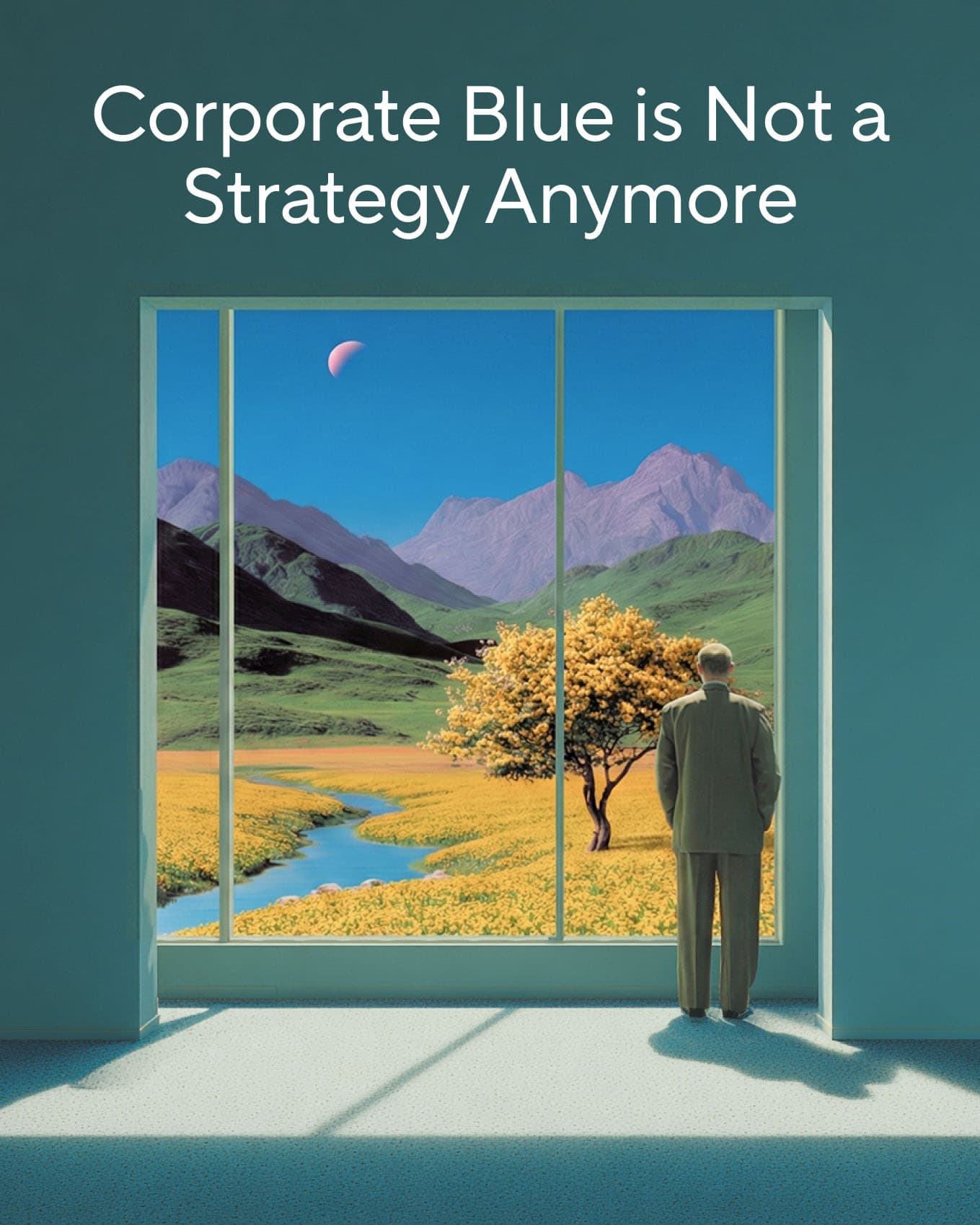 A surrealist painting viewed through a window frame