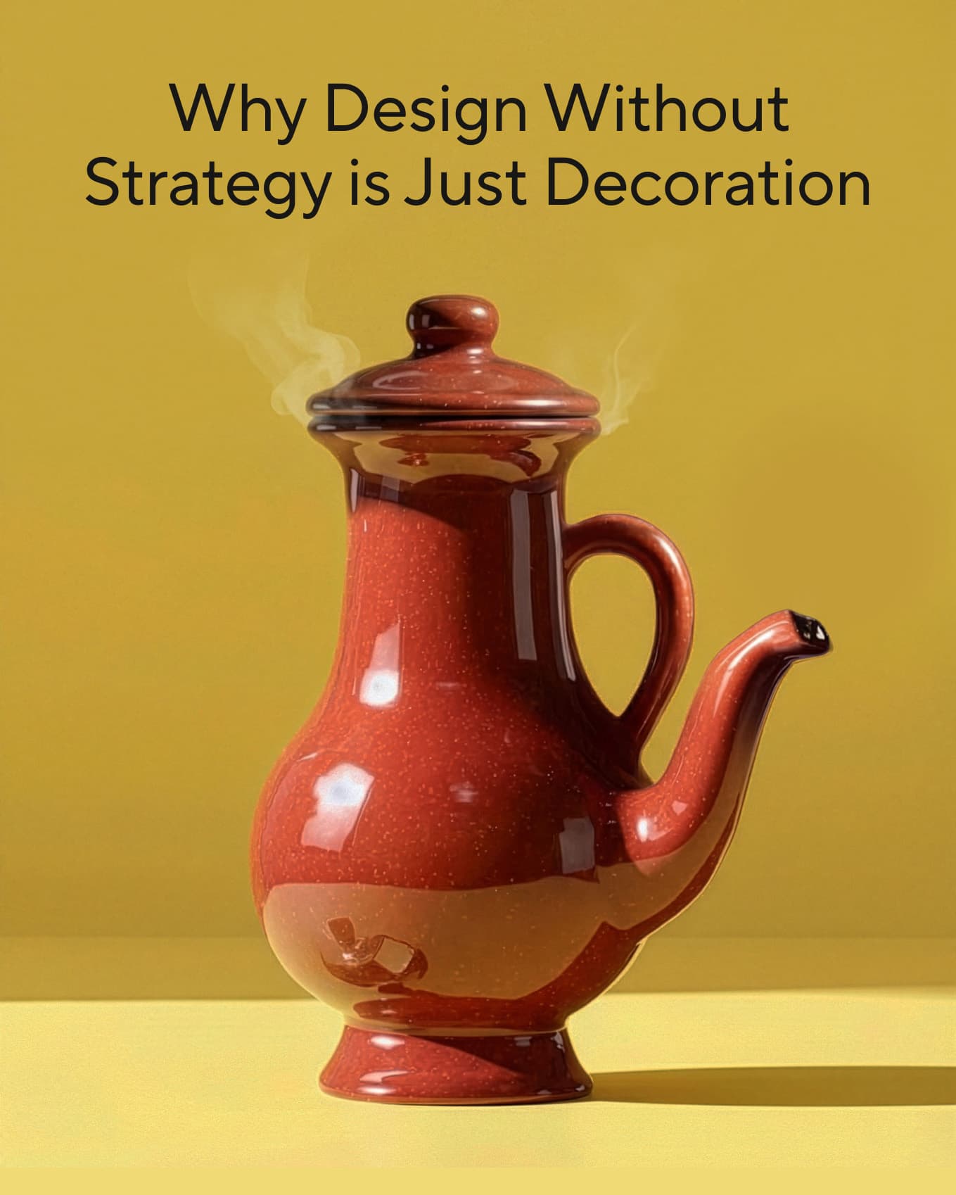 A red ceramic vase on a yellow background